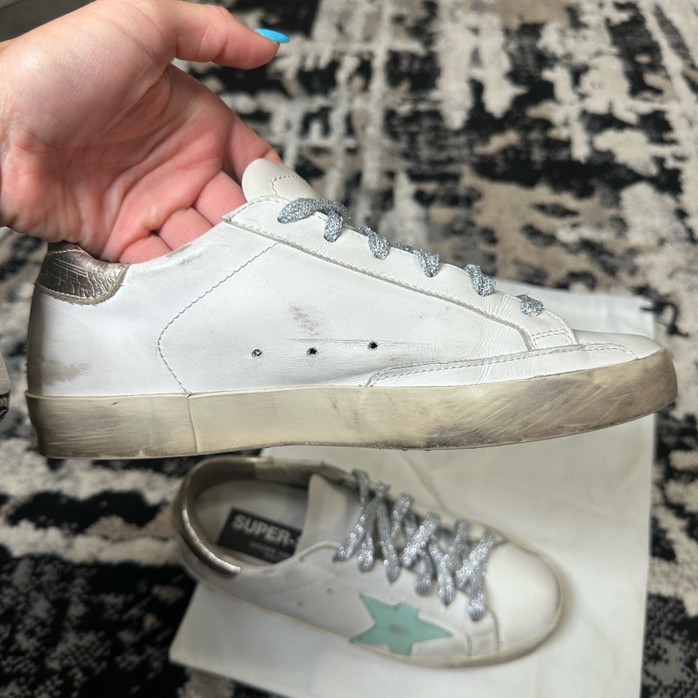 Golden Goose Super Star Sneakers with Mint Green Star and Silver/Gold Accents 7 - Picture 7 of 15